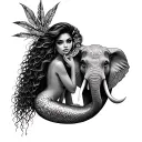 African American Sexy Mermaid with a owl and elephant separate not merge together  tattoo design idea
