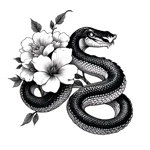 japanese snake with flowers ob Leg and arm tattoo design idea