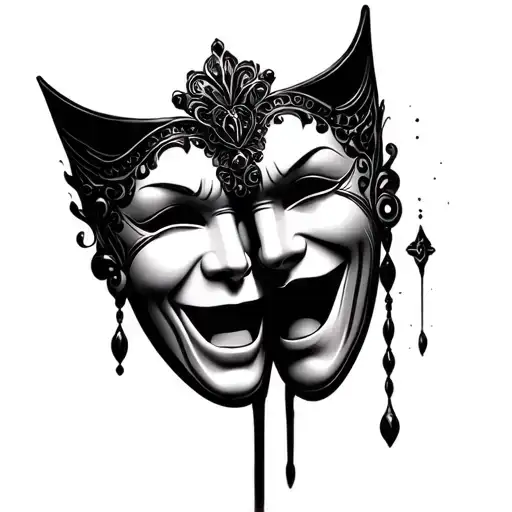 Venetian mask inspired black and grey realism style tattoo based on the theater faces concept (laughing and crying) tattoo design idea