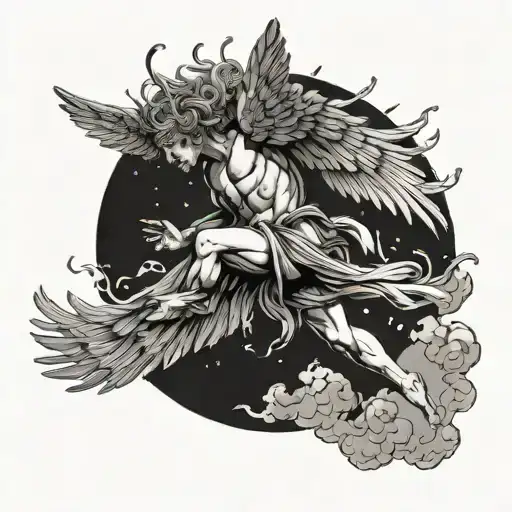 Black and white full body Icarus falling side on line drawing. He has angelic hair in the wind and the sun and clouds su tattoo design idea