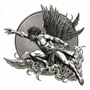 Black and white full body Icarus falling side on line drawing. He has angelic hair in the wind and the sun and clouds su tattoo design idea