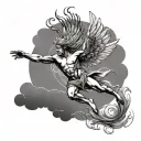Black and white full body Icarus falling side on line drawing. He has angelic hair in the wind and the sun and clouds su tattoo design idea