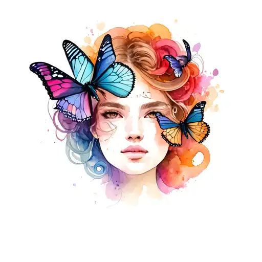 woman face portrait with butterfly's and snakes tattoo design idea
