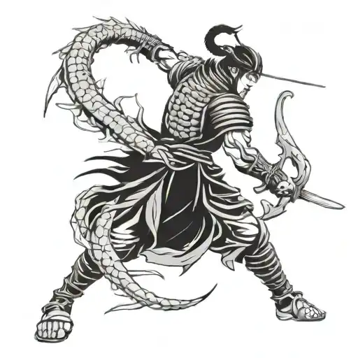 A mystical anime scene of a samurai warrior facing off against a giant scorpion in a blackwork style tattoo design idea