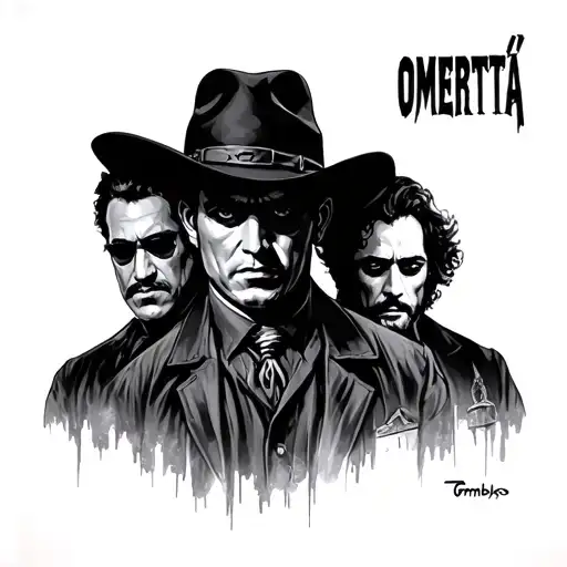 3 characters from the movie Tombstone portrait style with the word " OMERTÀ" in the back ground in a negative shade ole  tattoo design idea