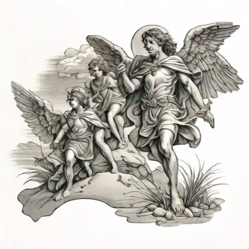 4 kids, beach, desert landscape with st michael archangel tattoo design idea