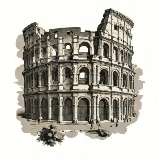 An intricate black and grey illustration of the Colosseum with a Christian cross incorporated into the architecture tattoo design idea