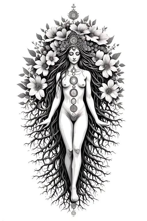 spiritual Woman standing on roots flowers growing out of head om crown with with all 7 sanskirt chakras intertwined  tattoo design idea