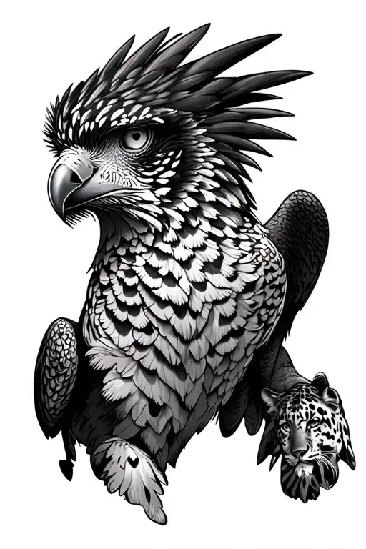 Guyana map, inside the map there is a harpy eagle seprate and a Jaguar seprate  tattoo design idea