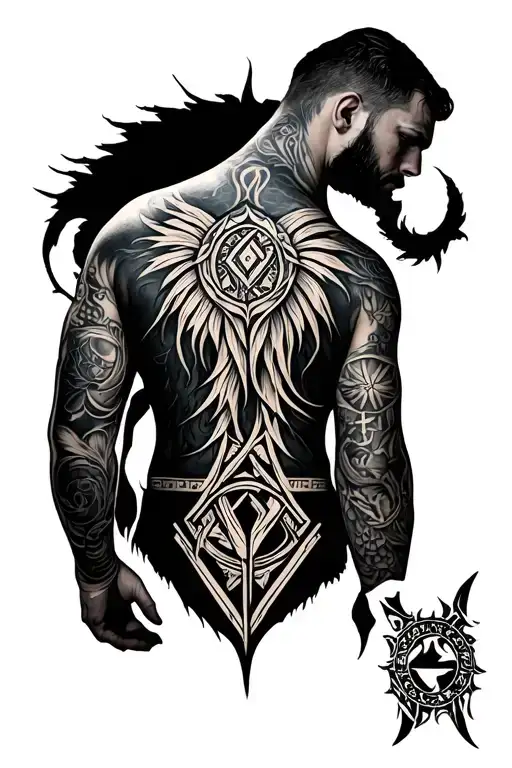 Men's tattoos, full back tattoos, scandinavia, Vikings, paganism, runes, sketch tattoo design idea