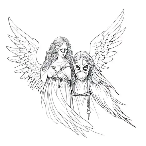 make an angel and demon tattoo, one that is heavenly and the other with a mask on the face, little crows and prison ties tattoo design idea