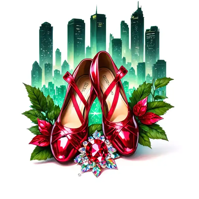 two ruby ballet slippers with emerald city in the background tattoo design idea