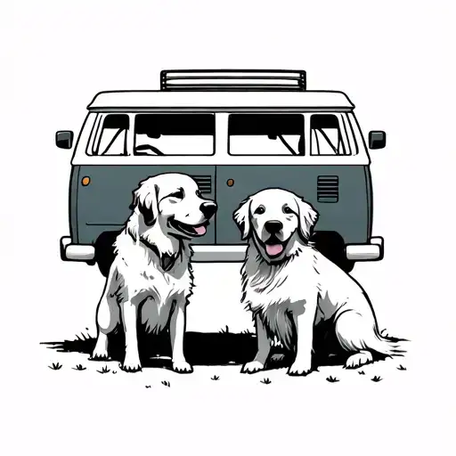 a couple, 2 golden retrievers and a campervan tattoo design idea