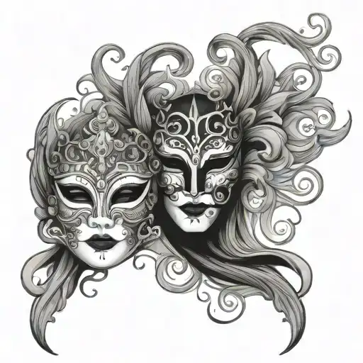 Venetian masks under crazy black with clouds tattoo design idea