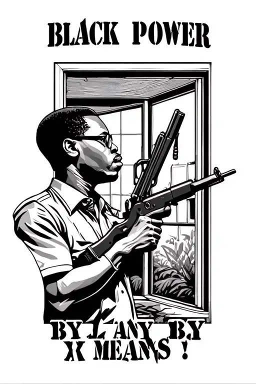 "Black Power By Any Means" Malcolm X holding M1 Carbine looking out the window black panther party logo  tattoo design idea
