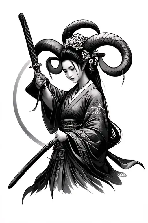 Aries geisha holding a katana sword tattoo design idea