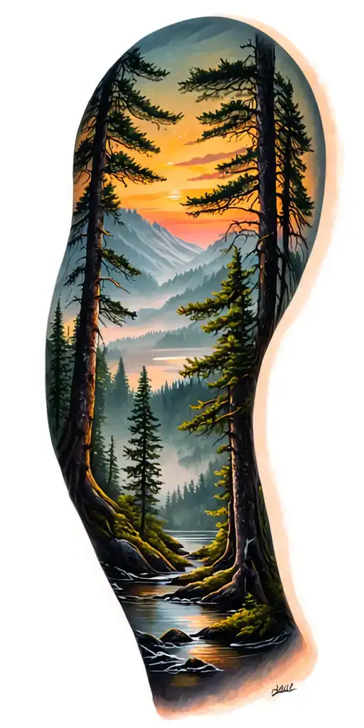 forest scene with sunset in colour tattoo tattoo design idea