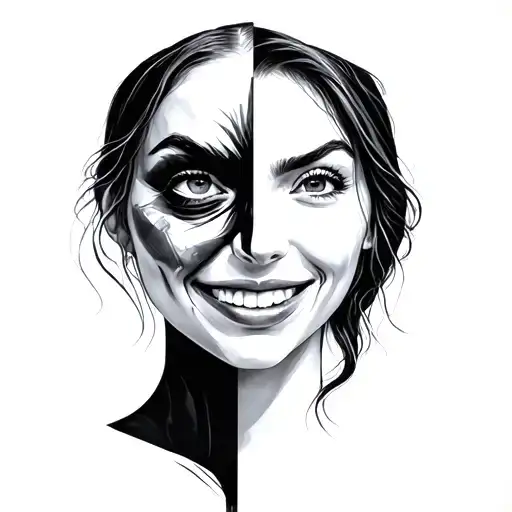 woman's face that's mixed with emotions of happiness sadness and anger tattoo design idea