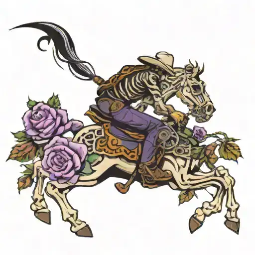 Skeleton cowboy on a skeleton bucking horse surrounded in purple roses tattoo design idea