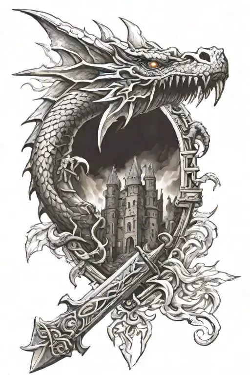 dragon claw, castle ruin, sword and shield, fire whirlwind tattoo design idea