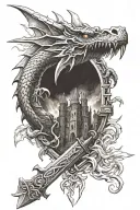 dragon claw, castle ruin, sword and shield, fire whirlwind tattoo design idea