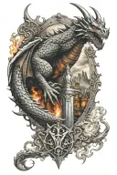 dragon claw, castle ruin, sword and shield, fire whirlwind tattoo design idea