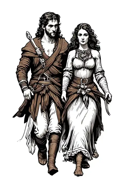 man, woman and dog medieval fantasy adventuring party scene walking tattoo design idea