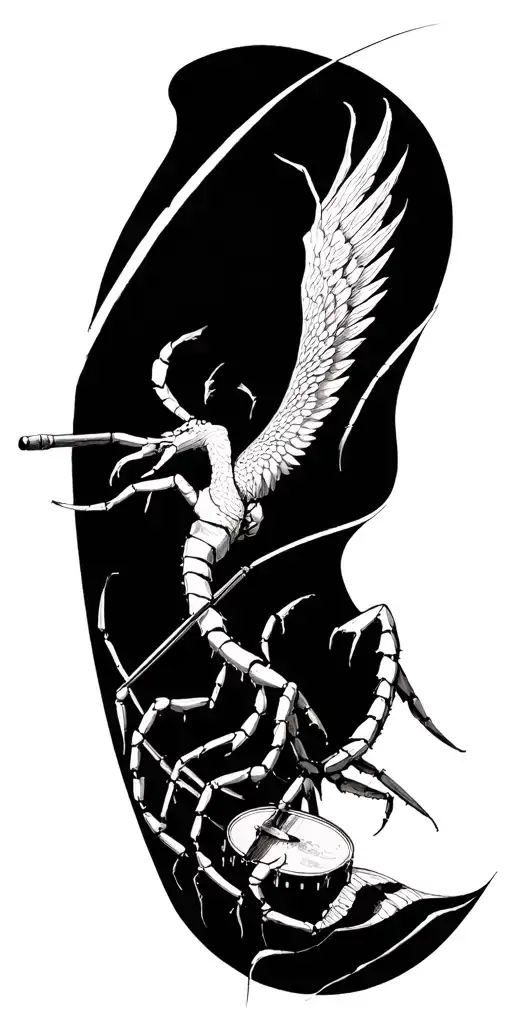 Model 1: "The Symphony of the Phoenix" (Focus on Rebirth and Fluidity) Central Concept: Music as the guiding thread of your life, which connects the strength of the Scorpio to the memory of your Angel. The style would be Artistic Blackwork with hatches (thin lines that give texture), looking like an old anatomy or architecture drawing.  Arm (The Base): Starts at the biceps with the headstock (the hand) and the neck of an electric bass. The strings are not straight; they wind their way up, as if they were roots or veins, wrapping around your arm.  Shoulder/Transition (The Guardian): On the shoulder/trapezoid, the bass strings transform into the segmented tail of a large, realistic scorpion. The scorpion's body is positioned on your shoulder blade, as if it were "protecting" your back. His tongs firmly grip a pair of crossed drumsticks.  Back (The Rhythm): From the drumsticks and scorpion, graphic elements of a deconstructed drum kit "explode" onto your shoulder blade and upper back: fragmented cymbals, a stylized bass drum pedal, all wrapped in abstract sound waves.  Rib (The Intimate Homage): In the rib region, a little below the main art (to highlight), a single and delicate line emerges from the "music" of the back. It forms a small heartbeat (EKG) that ends in a subtle infinity symbol or a small star.  Suggested Phrase (optional, on the rib): "The beat that doesn't stop." (A musical reference to eternal memory). tattoo design idea