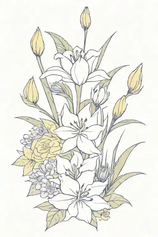 A simple and small bouqet with the following flowers, white Lilly, yellow daffodil, purple thistle, yellow rose tattoo design idea