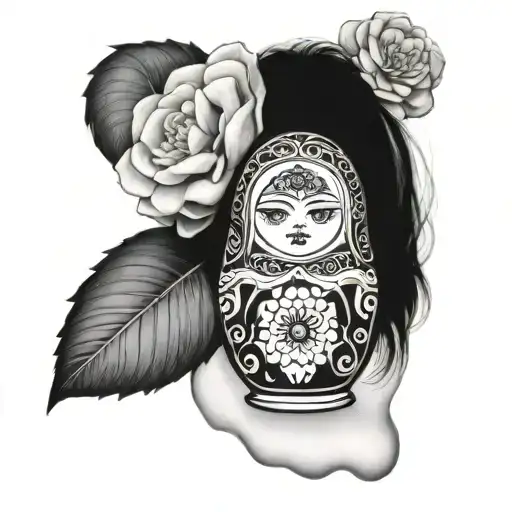 A detailed portrait of a Russian Matryoshka doll on the upper arm tattoo design idea