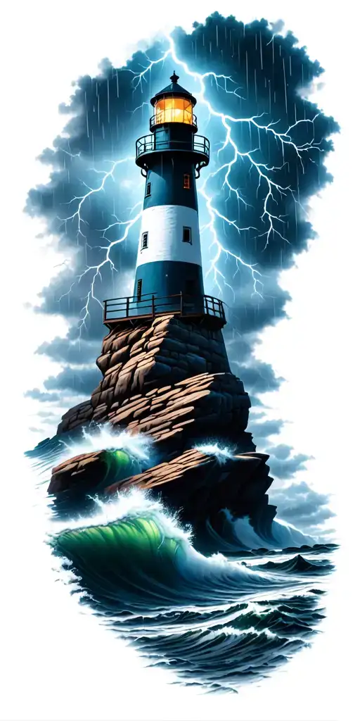 lighthouse on rocks with crashing waves  in a rainstorm and lightning strikes  tattoo design idea