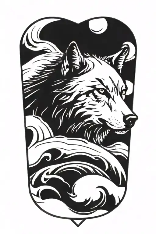 A wolf surrounded by waves, knifes and tears, also a date of birth in roman numbers "MCMLXXXI" tattoo design idea