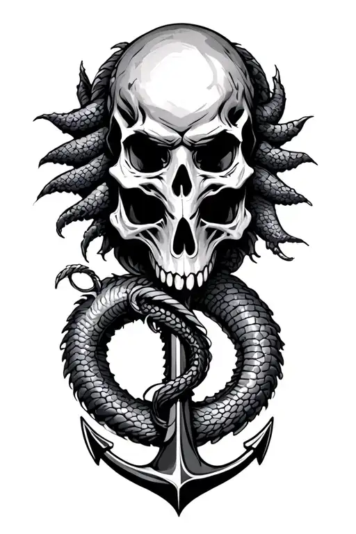 sea serpent skull and anchor intertwined tattoo design idea