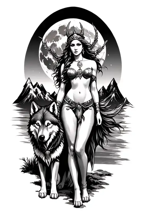 sexy Artemis goddess with wolf standing, and a backdrop of mountains and a full moon tattoo design idea