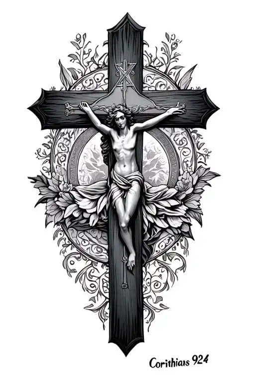 cross, virgin marry and text saying Corinthians 9:24 tattoo design idea