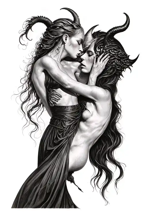woman dancing with the devil with her hand caressing his face tattoo design idea