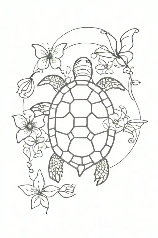 turtle top view, flowers intertwined, butterflies fluttering, tattoo design idea