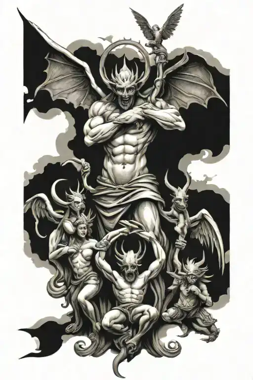 demons and angels and Christian  tattoo design idea