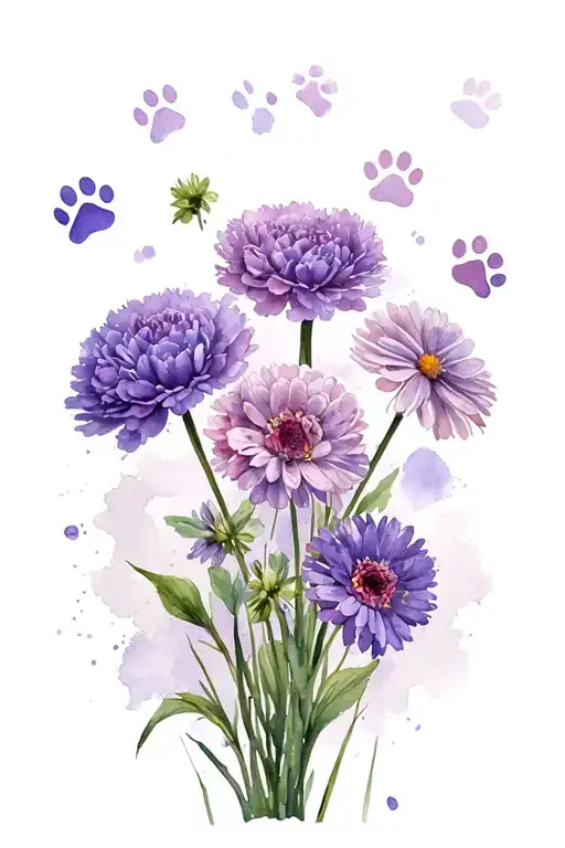 carnation violet aster chrysanthemum bouquet paw prints hidden in petals tattoo design idea