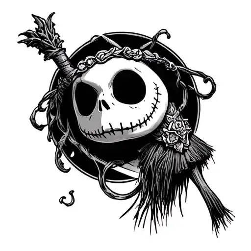nightmare before Christmas skull, corpes bride ring and hocus pocus broom tattoo design idea