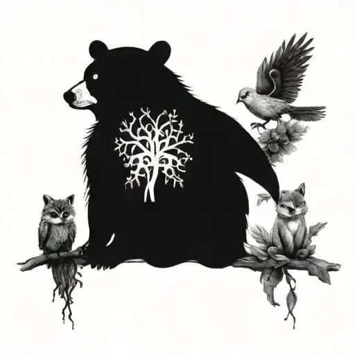 make a bear and a fox walk side by side with a kid in between them and an owl and a dove on a branch on a poison tree  tattoo design idea