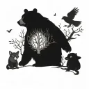 make a bear and a fox walk side by side with a kid in between them and an owl and a dove on a branch on a poison tree  tattoo design idea