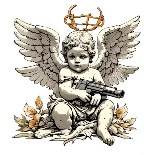 cement cherub angel with wings and guns , lost hopeful look tattoo design idea