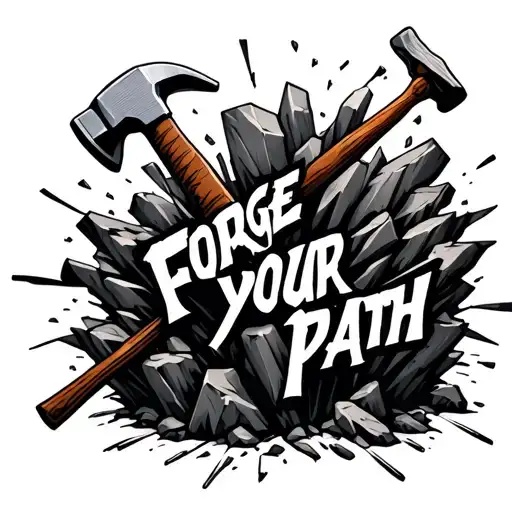 "Forge your path" hammer breaking through rock tattoo design idea