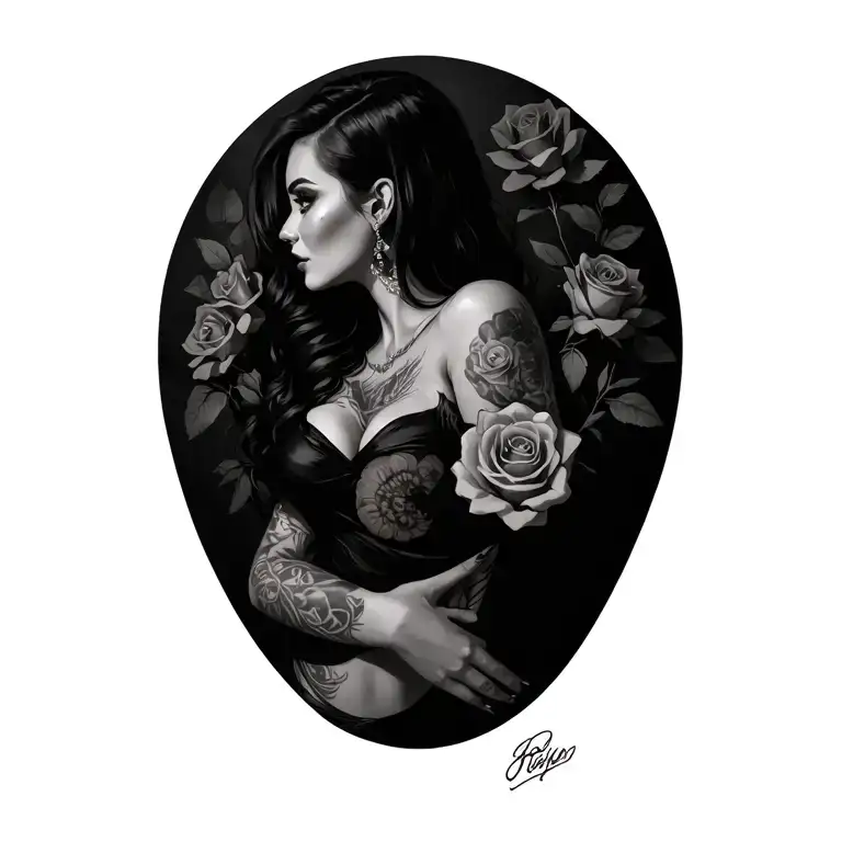 sexy chick and some roses wrapped around my arm and her tattoo design idea