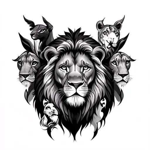 lion surrounded by different animals tattoo design idea