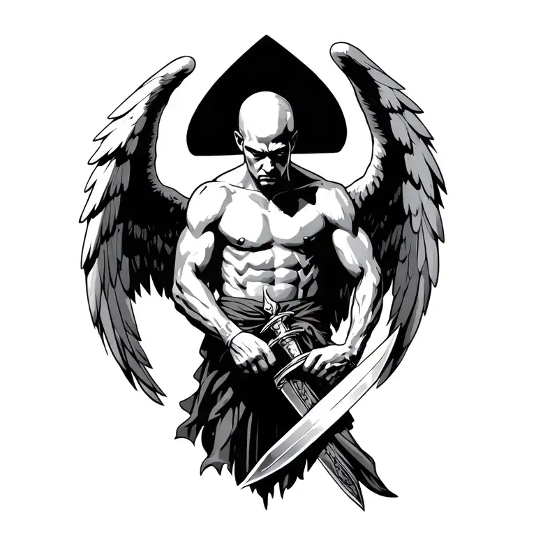 An bald angel holding the hilt of a sword in both hands, wearing a loin cloth, with wings flared, looking down, piercing tattoo design idea