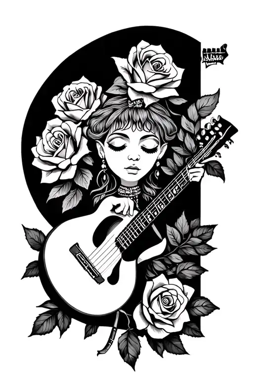 flute, guitar, roses, congos tattoo design idea