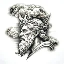 zeus with cloud background and rays with temples tattoo design idea