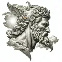zeus with cloud background and rays with temples tattoo design idea